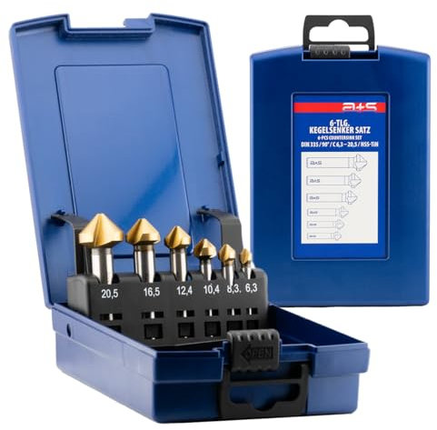 a+s Kegelsenker Set HSS-G mit TiN-Beschichtung – 6-tlg. Senker Set 90° DIN 335 C | für Metall, Holz, Aluminium & Kunststoff | präzisionsgeschliffen | Ø 6,3–20,5 mm | in ABS-Kassette