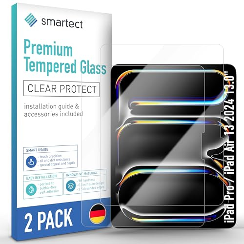 smartect Schutzglas 2 Stück für iPad Pro 2024 13.0 | HD Panzerfolie Anti-Kratzer, Displayschutz 0.3 mm Ultra-klar, 9H Härte, Stoßfest, Blasenfrei