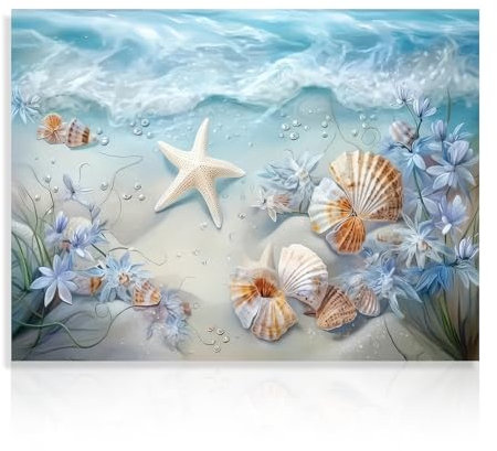 Dazzlewall Ocean Waves Canvas Wall Art Sea Shells and Starfish Picture Ocean Beach Print Poster for Bathroom Bedroom Living Room 12x16 in Unframed