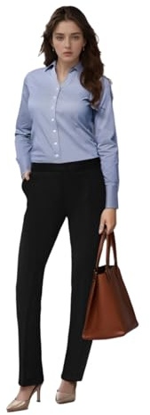 Women Trousers Stretchy Lightweight Finely Stitched Half Elasticated Pull Up Work Formal Pants (BLK Long Leg Size 16)