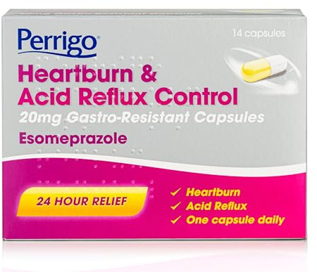 Esomeprazole 20mg Heartburn & Acid Reflux Control 14 Capsules - 24 Hour Relief with Pill Box