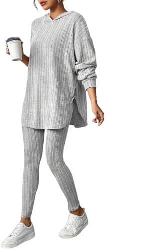 ORANDESIGNE Survêtements Femme Tricot Ensembles Tenues Sweat à Capuche + Legging Ensemble de Sport 2 Pièces Ensemble de Pyjama Loungewear Doux Vêtement de Nuit Automne Hiver Pyjama A Gris XL