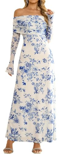 KUTUMAI Women Off Shoulder Bodycon Maxi Dress Long Sleeve Mesh Ruched Party Formal Wedding Guest Dresses Blue Floral S