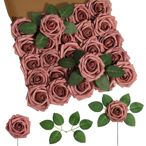 DuHouse Paquete de 25 Rosas de Espuma de Tacto Realista con Tallos para Ramos de Boda, Baby Showers, Centros de Mesa, Arreglos Florales, Decoración de Interiores(Rosa empolvado)