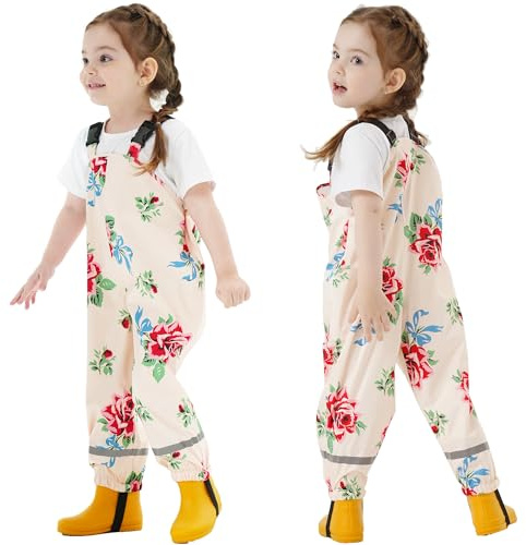 Fewlby Pantalon Impermeable Niñas, Pantalones Barro Peto de Lluvia Niños Mono Impermeable con Tiras Reflectantes Chubasquero Outdoor Traje Impermeable, 5-6 Años