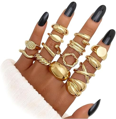 BelleVive 14-teiliges Set mit klobigen Goldringen für Damen, 14 Karat vergoldet, dicke Kuppel, stapelbare offene Ringe, trendige, zierliche, minimalistische Schmuckgeschenke