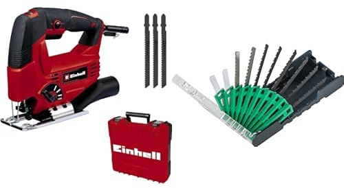 Einhell Set de sierra de calar TC-JS 80/1 (550W, 20mm de alt. de carrera, func. de carrera pendular, 80mm de profundidad en madera, 10mm en acero, 3000 min-1,) + Juego de 10 hojas de calar