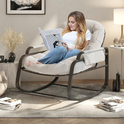 Schaukelstuhl für drinnen & draußen, Wasserdicht Rattan Loungesessel mit gepolsterung, Ei-Schaukelstuhl, Ergonomischer Schaukelsessel, Relaxsessel mit Rutschfesten Füßen für Garten & Wohnzimmer