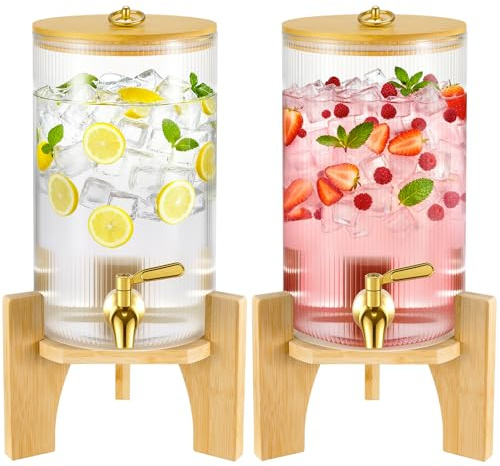NiHome 2-Pack 1.3 Gallon Drink Dispenser for Parties, 4.9 L Glass Iced Beverage Dispenser, Large Glass Party Drink Dispensers for Lemonade, Tea, Juice & Bamboo Lid, Wood Stand & Stainless Steel Spigot