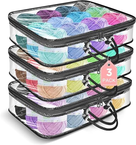 MUSLONG 3 Stück Transparenter Garn Aufbewahrungs Organizer, Tragbare Garnaufbewahrung, Staubdichte Wolle Aufbewahrung, Garnaufbewahrung mit Reißverschlüssen und Griff 40 x 30 x 10cm