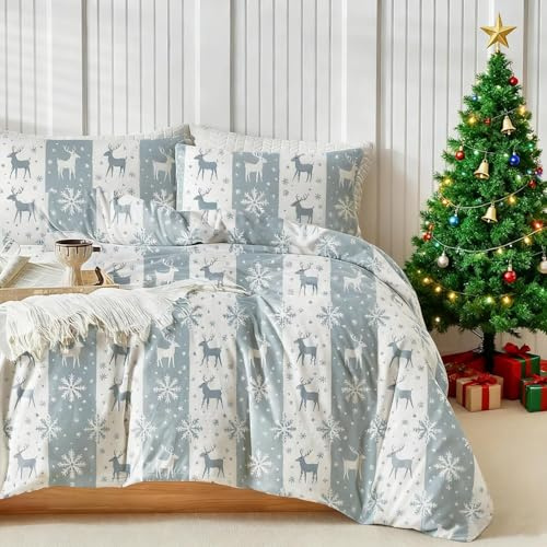 Soifox Flanell Bettwäsche Weihnachten 135x200 - Bettgarnitur Flauschige und Warme Cashmere Touch Bettbezug + Kissenbezug 80x80 cm mit Reißverschluss