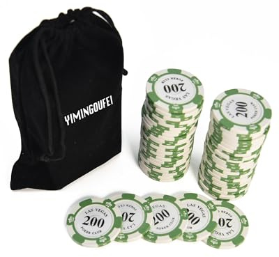 YIMINGOUFEI Poker Chip Booster-pack, innehåller 50 lerchips för hemspel, 50 200 valörer chip + svart flanellförvaringsväska