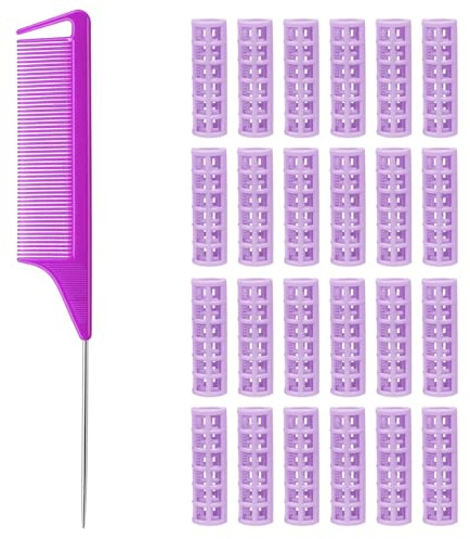 24 Hair Rollers for Short Hair, Small Rollers Self Grip, Velcro Rollers For Short Hair With Purple Comb, No Heat Hair Curlers For Volume, DIY Salon Styling Tools For Women & Bridal Use