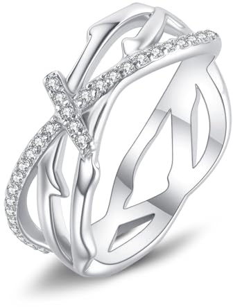 URONE Anello a corona, in argento Sterling con croce di Gesù, gioielli religiosi da donna, 57(18.1mm), metallo prezioso, Nessuna pietra preziosa
