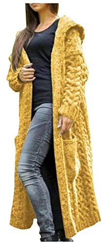 Nuqqichongtian Longstrickjacke Herbstmantel Oversize,Damen Strickjacke Lang Grobstrick Cardigan Lose Leichte Elegante Strickmantel Casual Einfarbig Open Front Langarm Pullover mit Taschen Gelb XL