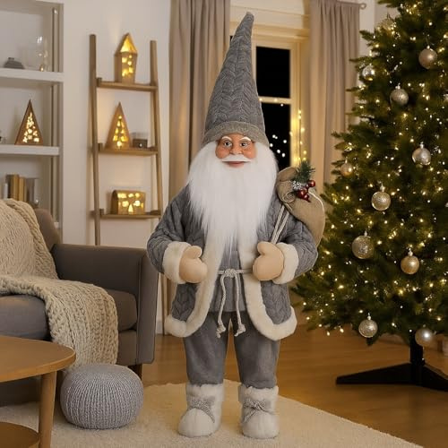 Marco Paul 85 m Grey Standing Santa Claus Decoration - Extra-Large Plush Father Christmas Display Figure with Faux Fur Trim - Luxury Indoor Xmas Ornaments for Entrances & Festive Room Displays