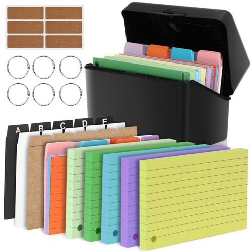 Staranry Boîte à Fiches Noire A6 avec 350 Fiches Bristol de Révision, Cartes Perforées Multicolores et Lignées, 6 Anneaux Métalliques, Cartes Index A-E, Idéal pour Étudiants, Apprentissage, Notes