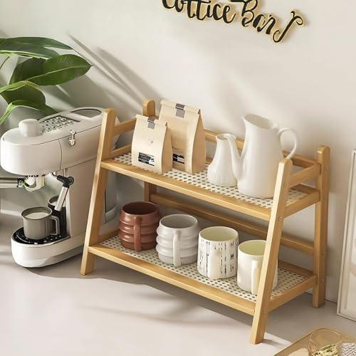 Generisch Kaffeestation in Korboptik, Bambus-Becherhalter, Arbeitsplatte, Küchenthekenregal für Tee, Kaffee, Bar, Zubehör, Matcha-Ständer, Tassen-Display, Gewürz-Aufbewahrungsregal, 2 Etagen