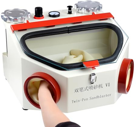 REEHUT USA Twin Double Pen Lab Sandblaster with LED Lamp Metal Bottles Large View Window Foot Control