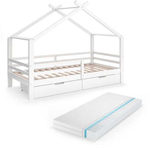 VitaliSpa Hausbett Luni, Weiß, 200 x 90 cm | mit Schubladen und Matratze, wie ein kleines Zuhause – für eine warme Atmosphäre