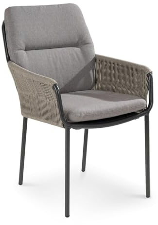 Gartenstuhl Anthrazit mit Seilbespannung Beige – Armlehnenstuhl inkl. grauer Olefin-Kissen – Wetterfest & Wasserabweisend – Aluminium-Gestell – Moderner Terrassenstuhl & Balkonstuhl – 71 x 86 x 59 cm