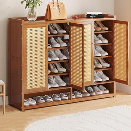 Generisch Schuhschrank Holz mit Korbgeflecht-Türen, Moderner Bambus Schuhschränke, Schuhregal mit Stauraum, Shoes Cabinet für Flur, Wohnzimmer, Schlafzimmer,D