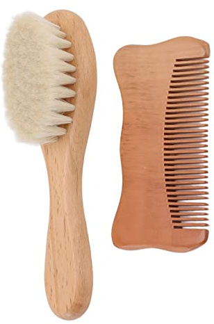 YWBL-WH Baby-Haarbürsten- und Kamm-Set, Babybürste aus Holz mit Wollborsten und Katzenohrkamm, Sanfte Kopfhautmassage, Hilft, Milchschorf zu Reduzieren, für die Tägliche Pflege von Neugeborenen und