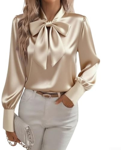 Dam satinblus långärmad elegant med rosett (beige XL) | Långärmad, elegant rosett, ståkrage, slät satinlook, perfekt för affärer