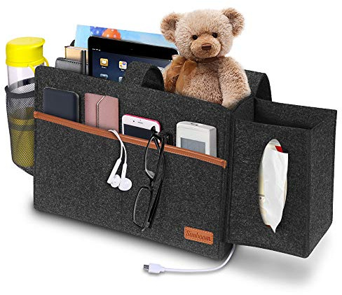 SIMBOOM Bedside Storage Bag Felt Pocket with Tissue Box and Water Bottle Holder, Magazine Holder for Home College Dorm Bedroom - Dark Grey