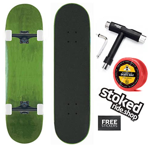Stoked Ride Shop Skateboard Complete - American Made Maple Wood - Professional Grade Board for Adults, Kids, Girls & Boys - Fully Assembled with Shorty's Wax, Skate Tool and Stickers (7.75 Green)