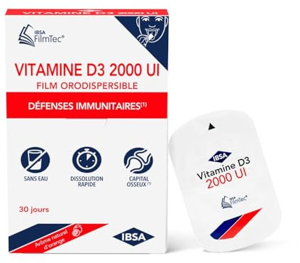 IBSA Pharma - FILMTEC® - Vitamine D3 2 000 UI - Défenses immunitaires - Fond en quelques secondes, sans eau - Boîte de 30 Films, 1 mois - Complément alimentaire