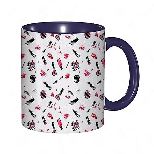 RFSHOP Kaffeetasse Lippenstift Mascara Nagellack Feminine Kosmetik Rosa und Schwarz Print 11oz Keramik Teetasse mit Griff für Home Office Weihnachten Geburtstag