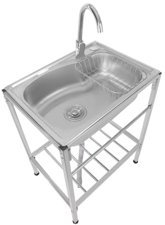 DAOHHFO Edelstahl Küchenspüle, küche Spülbecken Mobile Spüle Outdoor Küchespühle, Camping Spüle mit Abtropfkorb, Warm-und Kaltwasserhahn, Singleküche Outdoor Edelstahlspüle 60×40×75CM