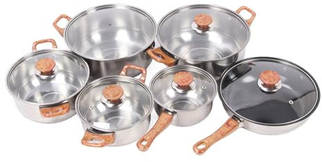 Ensemble de casseroles, poêles de cuisine, 6 ensembles de casseroles et poêles avec couvercle, modèle en grain de bois, verre phénolique en acier inoxydable antiadhésif avec