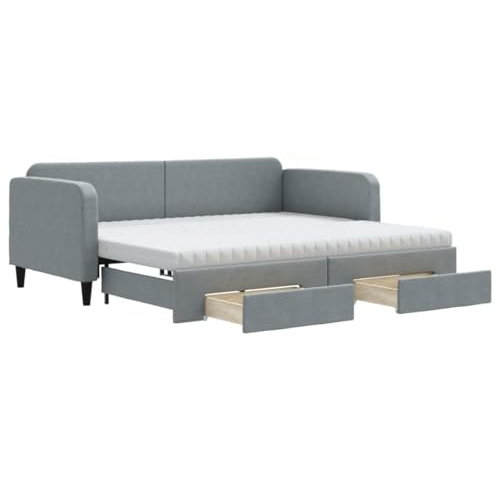 Willood Ausziehbares Bettgestell 2-in-1-Schlafsofa Tagesbett Gästebett Hellgrau 90 x 200 cm mit Bettkasten & Schublade & Matratze