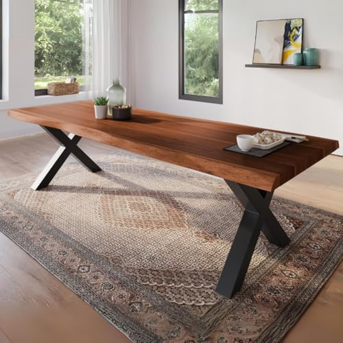 trelevo Esszimmertisch 260x100 cm Akazie nussbaumfarben X-Gestell Baumkante | Akazienholz massiv, Tischplatte, schwarz, Baumkantentisch