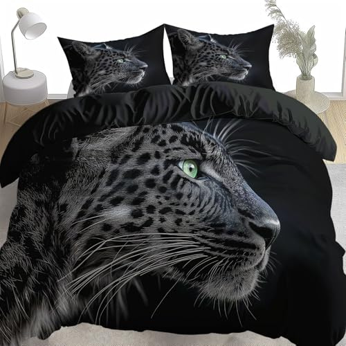 Panthère Noire Parure de Lit 3 Pieces avec Housses de Couettes 240 x 220 cm et 2 Taies D'oreillers, Réversible Housse de Couette Noir 2 Personnes - Parure de Lit Microfibre Douce