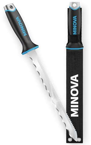 Minova Isoliermesser mit Hammer 280mm, Edelstahlklinge Dämmstoffmesser beidseitig für Glaswolle, Steinwolle und Holzwolle Klingenlänge