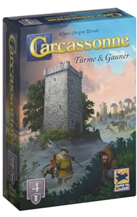 Hans im Glück Carcassonne – Türme und Gauner (Auflage 2025), 4. Erweiterung, Familienspiel, 2-6 Spieler, 7+ Jahre, 45 Minuten, Deutsch