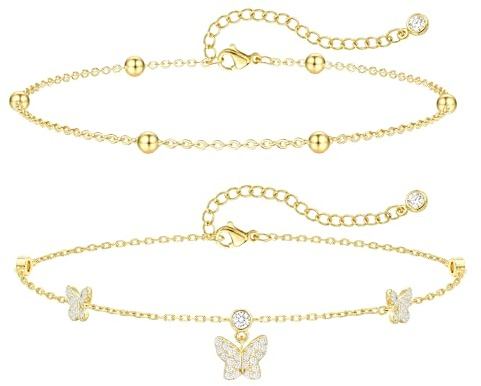 ZOERAY Vristlänk dam silver 925 guld vattentät fotkedja för kvinnor silver 18K förgylld justerbar fotkedja med pärlor fjärilar hjärta zirkon klöver sommar smycken boho strand gåvor, Koppar