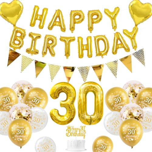 30 Geburtstagsdeko, Gold 30. Geburtstag Deko für Mann Frau Happy Birthday Ballons Banner Metallische Gold Weiß Happy 30th Birthday Luftballons Nummer 30 Luftballons Herzballons Tortenaufsatz