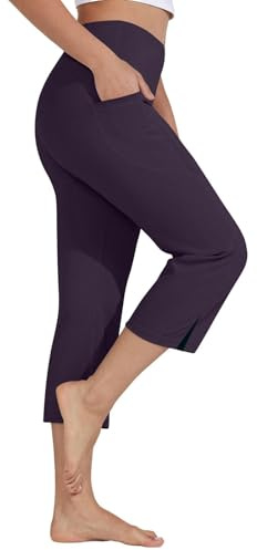 Yogabyxor dam 3/4 hög midja, damsportbyxor 3/4 sommar, lediga joggingbyxor med fickor lätta träningsbyxor breda ben sport capribyxor bekväma enfärgade yogabyxor eleganta sommar fritidsbyxor, vin, 3XL