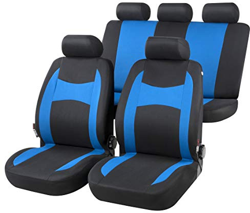 Walser Auto-Sitzbezug Fairmont, Universal-Sitzbezug Komplett-Set, PKW-Sitzbezüge, 2 Vordersitzbezüge, 1 Rücksitzbankbezug schwarz/blau