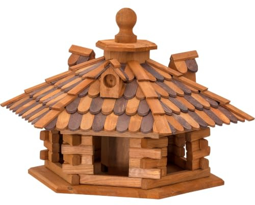 dobar® 45310e Vogelfutterhaus Holzschindeldach 6-eckig - Vogelhaus aus Massivholz - XL Vogelfutterstation mit Futtersilo - 6-eckige Vogelvilla - 51 x 45 x 37 cm - Braun