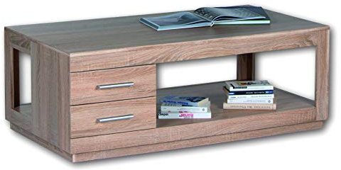 Stella Trading FESTIVAL BIG Couchtisch mit zwei Schubladen in Eiche Sonoma Optik - geräumiger Sofatisch mit Ablage für Ihren Wohnbereich - 120 x 46 x 65 cm (B/H/T)