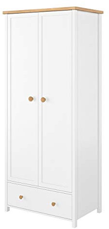 Drehtürenschrank Story SO01 mit Kleiderstange und Schublade, Eleganter Garderobenschränk im skandinavischen Stil, Kleiderschrank (Weiß + Eiche Nash)