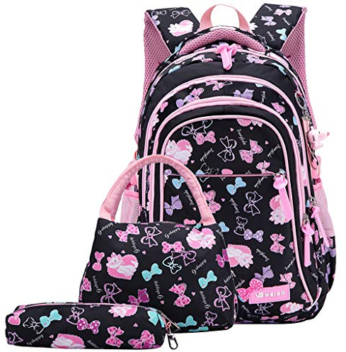 IvyH Mochilas Escolares Niña, Mochila Infantil Set 3 en 1 Bolsas Escolares Primaria Ligera para Estudiante Juveniles(Negro)
