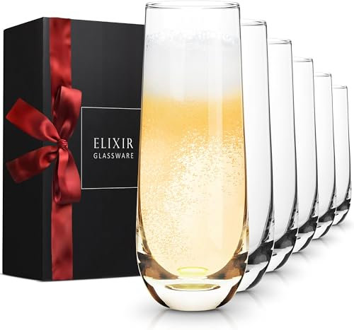 Stemless Champagne Flutes - Crystal Glass Flutes, Hand Blown - Set of 6 Stemless Mimosa Glasses, Premium Crystal - Gift for Bridal Shower, Wedding, Bachelorette Party - 8oz, Clear