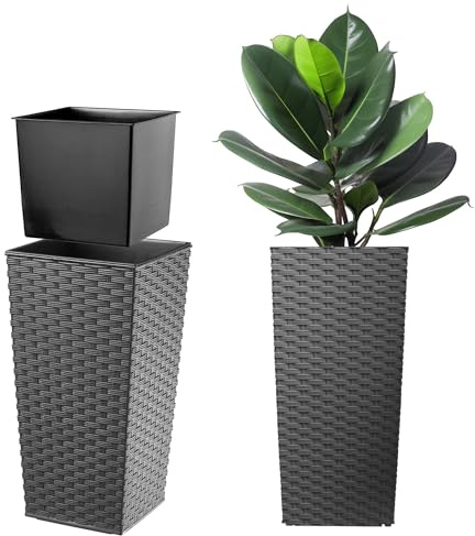 KADAX Pflanzkübel mit Innentopf, Höhe 57cm, 29x29cm, ca. 24L – Rattan-Optik Grafit, Frostsicherer Blumentopf für Innen & Außen, Garten, Balkon & Terrasse, UV-beständig, wetterfest