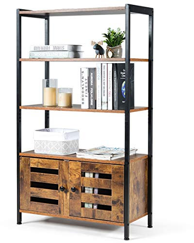 COSTWAY Industrial Bookshelf, Freestanding Storage Bookcase Cabinet with 4 Shelves and 2 Louvred Doors, Home Office Living Room Cupboard Display Organiser Unit